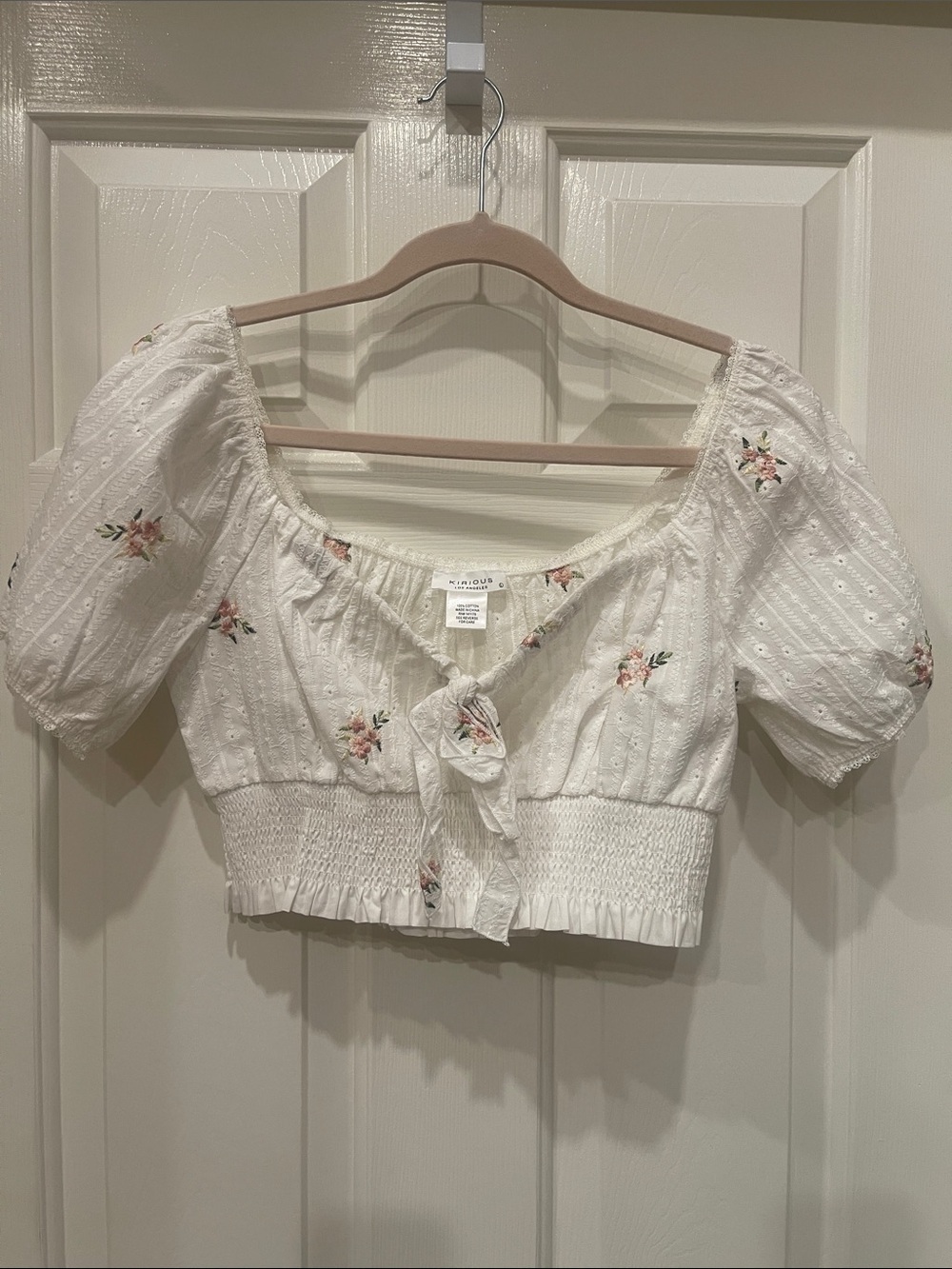 White Floral Puff Sleeve Crop Top with Tie Front S:L